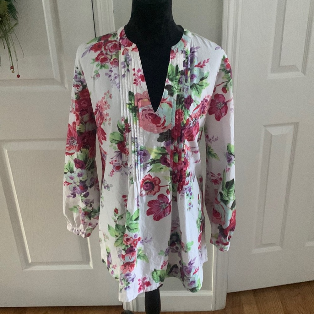 Soft Surroundings Floral Pintuck Balloon Sleeve V Neck Cotton Tunic- Size L